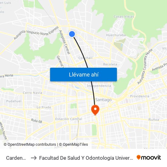 Cardenal Caro to Facultad De Salud Y  Odontología Universidad Diego Portales map