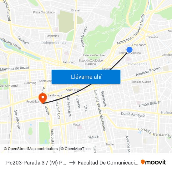 Pc203-Parada 3 / (M) Pedro De Valdivia to Facultad De Comunicación Y Letras Udp map