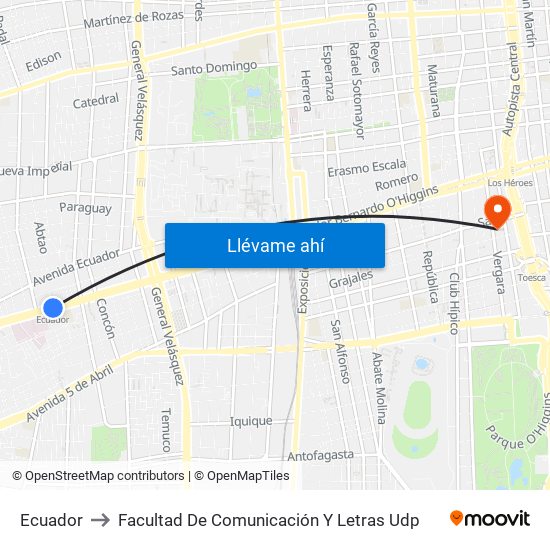 Ecuador to Facultad De Comunicación Y Letras Udp map