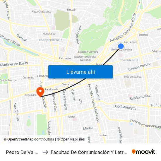 Pedro De Valdivia to Facultad De Comunicación Y Letras Udp map