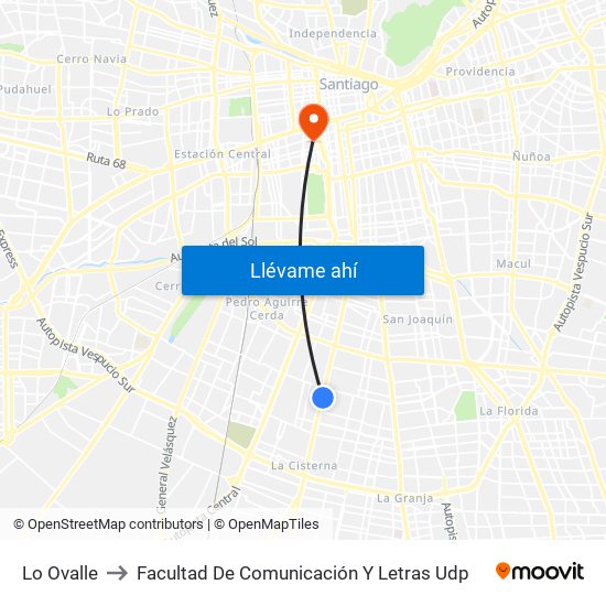 Lo Ovalle to Facultad De Comunicación Y Letras Udp map