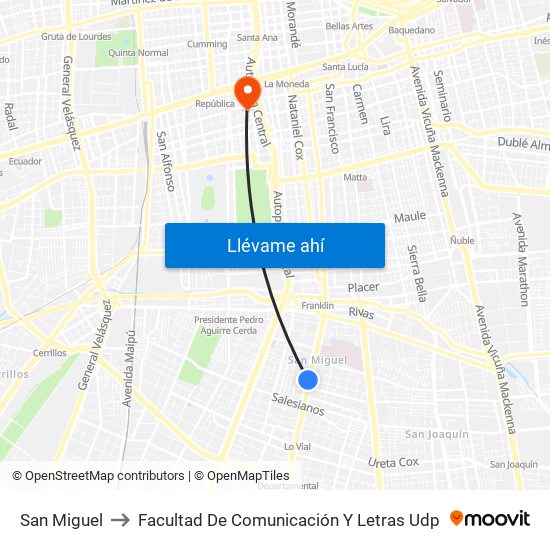 San Miguel to Facultad De Comunicación Y Letras Udp map