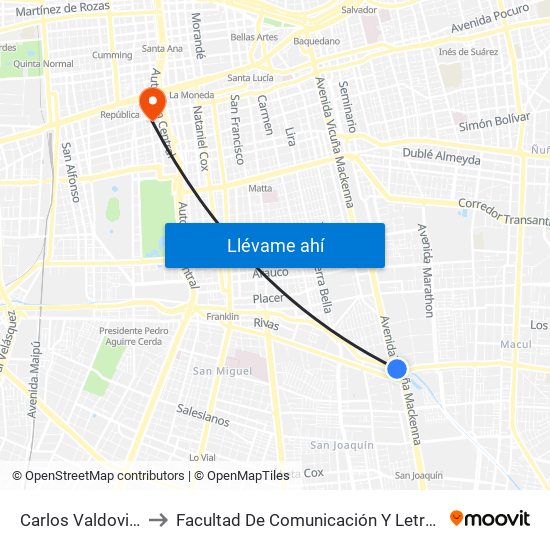 Carlos Valdovinos to Facultad De Comunicación Y Letras Udp map