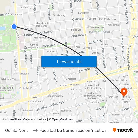 Quinta Normal to Facultad De Comunicación Y Letras Udp map