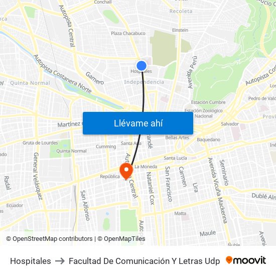 Hospitales to Facultad De Comunicación Y Letras Udp map