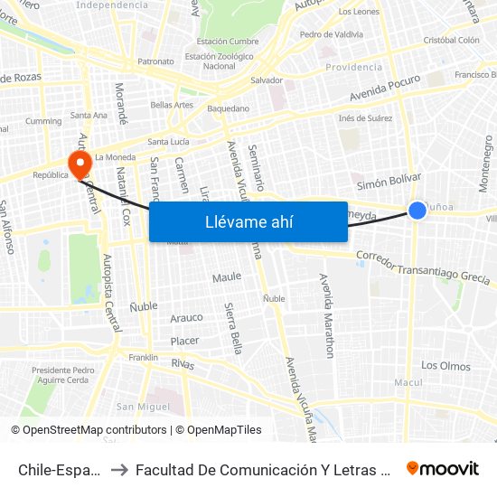 Chile-España to Facultad De Comunicación Y Letras Udp map