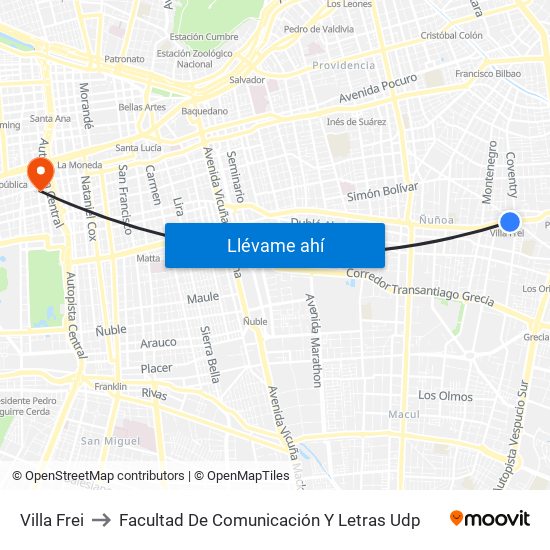 Villa Frei to Facultad De Comunicación Y Letras Udp map