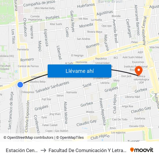 Estación Central to Facultad De Comunicación Y Letras Udp map