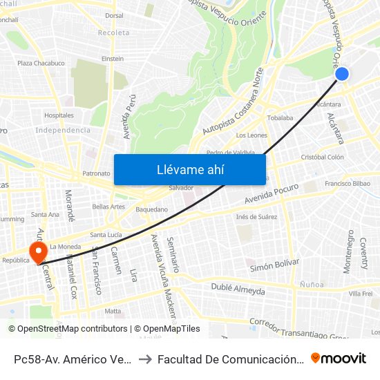 Pc58-Av. Américo Vespucio / Esq. Av. Pdte. Riesco to Facultad De Comunicación Y Letras  Universidad Diego Portales map