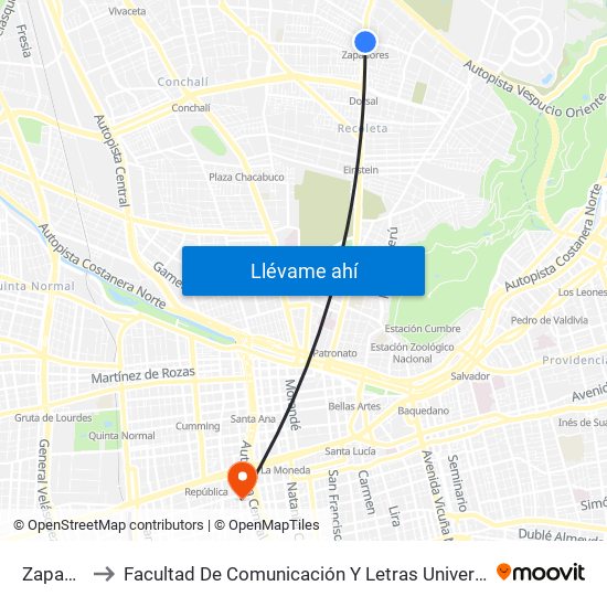 Zapadores to Facultad De Comunicación Y Letras  Universidad Diego Portales map