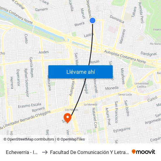 Echeverría - Independencia to Facultad De Comunicación Y Letras  Universidad Diego Portales map