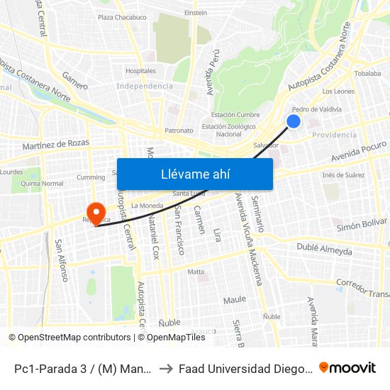 Pc1-Parada 3 / (M) Manuel Montt to Faad Universidad Diego Portales map