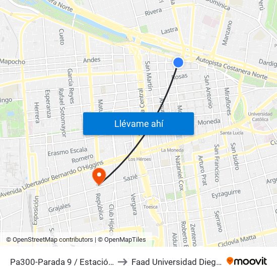 Pa300-Parada 9 / Estación Mapocho to Faad Universidad Diego Portales map