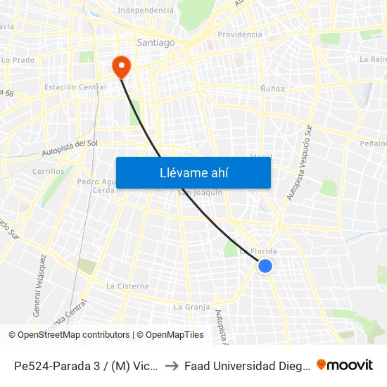 Pe524-Parada 3 / (M) Vicente Valdés to Faad Universidad Diego Portales map