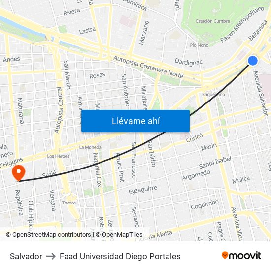 Salvador to Faad Universidad Diego Portales map