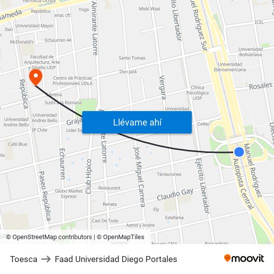 Toesca to Faad Universidad Diego Portales map