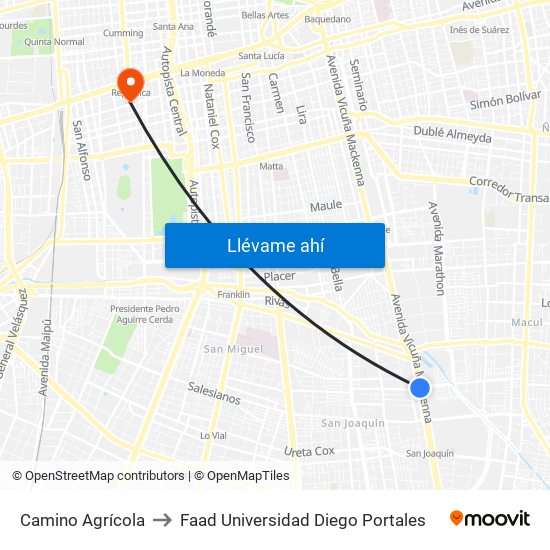 Camino Agrícola to Faad Universidad Diego Portales map