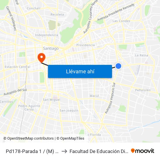 Pd178-Parada 1 / (M) Plaza Egaña to Facultad De Educación Diego Portales map