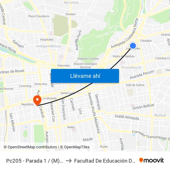 Pc205 - Parada 1 / (M) Los Leones to Facultad De Educación Diego Portales map