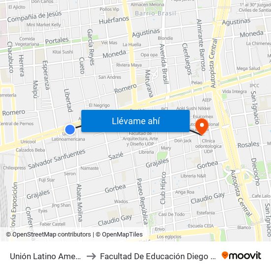 Unión Latino Americana to Facultad De Educación Diego Portales map