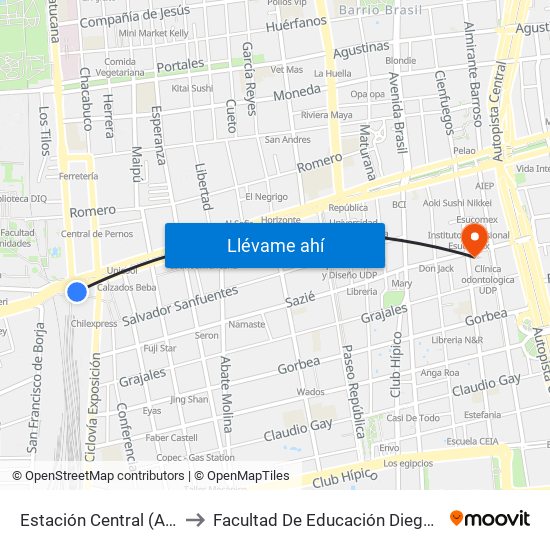 Estación Central (Anden1) to Facultad De Educación Diego Portales map