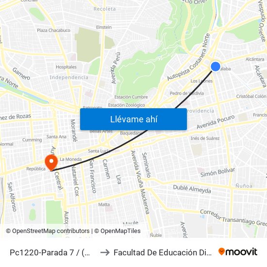 Pc1220-Parada 7 / (M) Tobalaba to Facultad De Educación Diego Portales map
