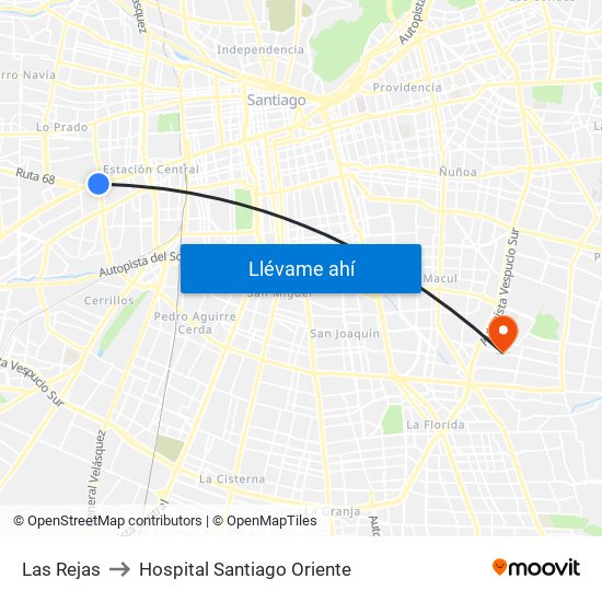 Las Rejas to Hospital Santiago Oriente map