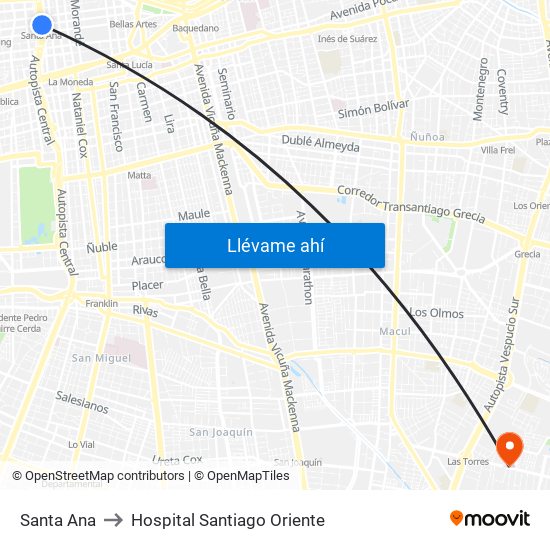 Santa Ana to Hospital Santiago Oriente map