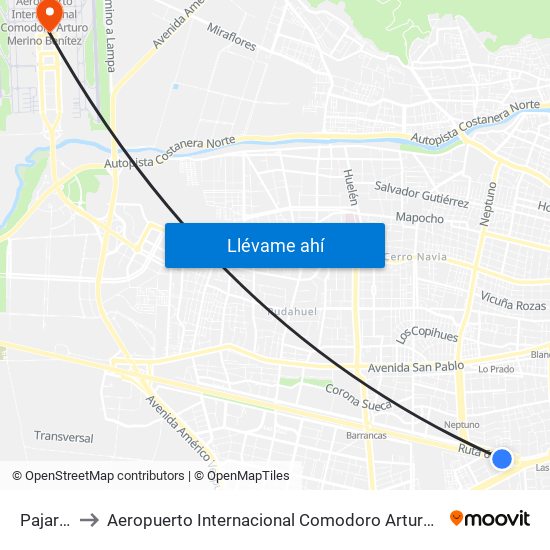 Pajaritos to Aeropuerto Internacional Comodoro Arturo Merino Benítez map