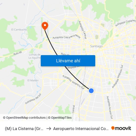 (M) La Cisterna (Gran Avenida, Parad. 25) to Aeropuerto Internacional Comodoro Arturo Merino Benítez map