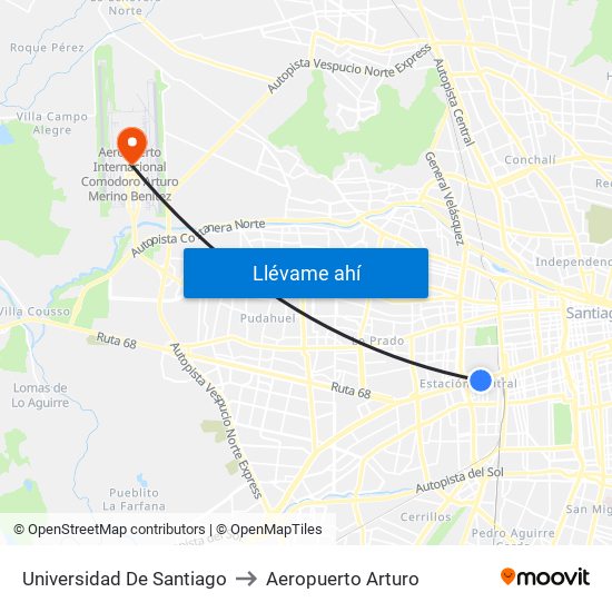 Universidad De Santiago to Aeropuerto Arturo map