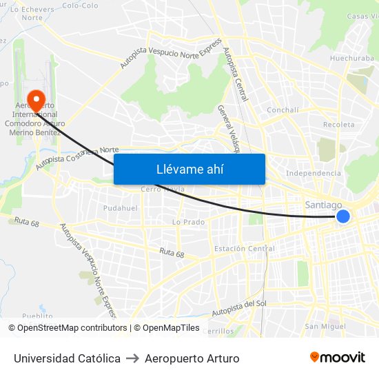 Universidad Católica to Aeropuerto Arturo map