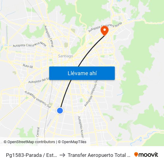 Pg1583-Parada / Est. Intermodal La Cisterna to Transfer Aeropuerto Total Viajes Vip - Las Condes - Chile map