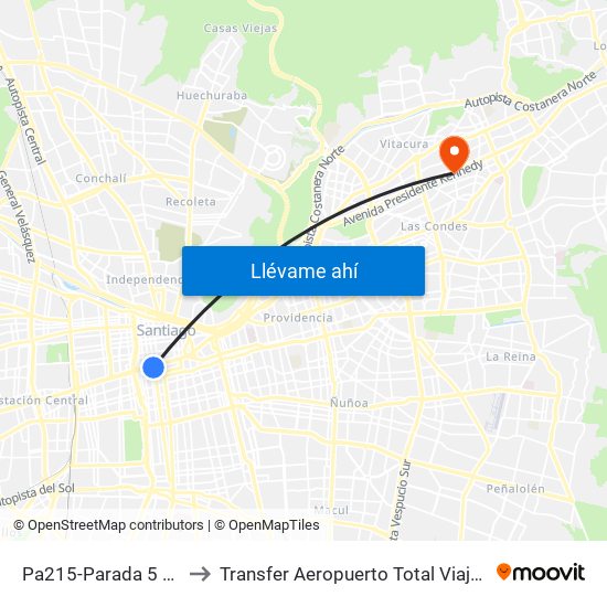 Pa215-Parada 5 / (M) La Moneda to Transfer Aeropuerto Total Viajes Vip - Las Condes - Chile map