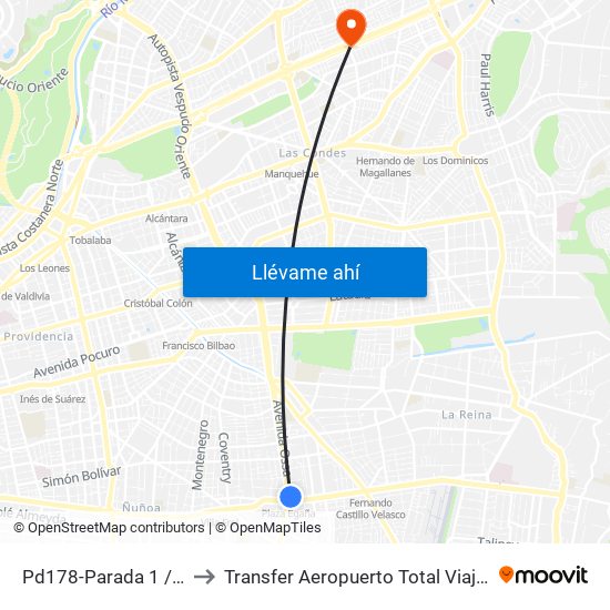 Pd178-Parada 1 / (M) Plaza Egaña to Transfer Aeropuerto Total Viajes Vip - Las Condes - Chile map