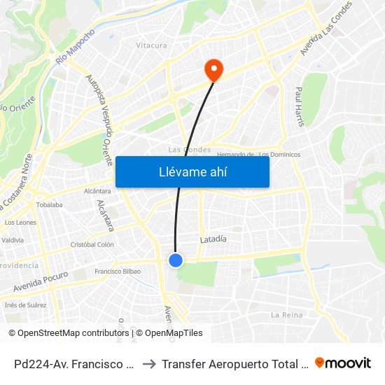 Pd224-Av. Francisco Bilbao / Esq. Av. S. Elcano to Transfer Aeropuerto Total Viajes Vip - Las Condes - Chile map