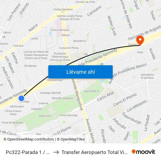 Pc322-Parada 1 / Mall Parque Arauco to Transfer Aeropuerto Total Viajes Vip - Las Condes - Chile map