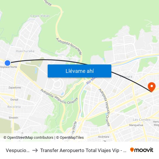 Vespucio Norte to Transfer Aeropuerto Total Viajes Vip - Las Condes - Chile map