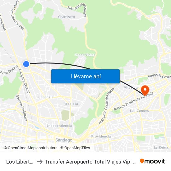 Los Libertadores to Transfer Aeropuerto Total Viajes Vip - Las Condes - Chile map