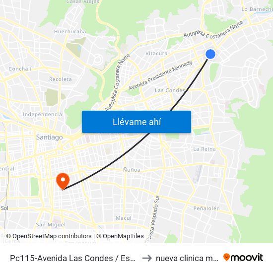 Pc115-Avenida Las Condes / Esq. Psje. Las Condes to nueva clinica madre e hijo map