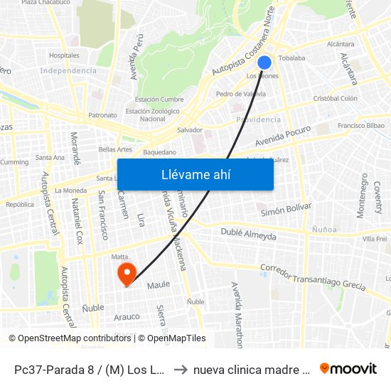 Pc37-Parada 8 / (M) Los Leones to nueva clinica madre e hijo map