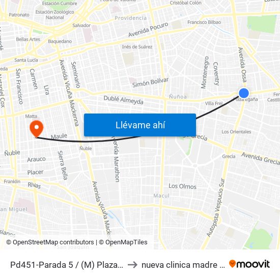 Pd451-Parada 5 / (M) Plaza Egaña to nueva clinica madre e hijo map