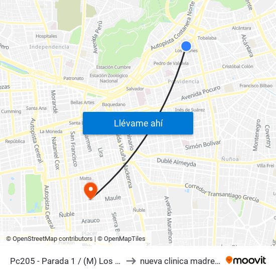 Pc205 - Parada 1 / (M) Los Leones to nueva clinica madre e hijo map