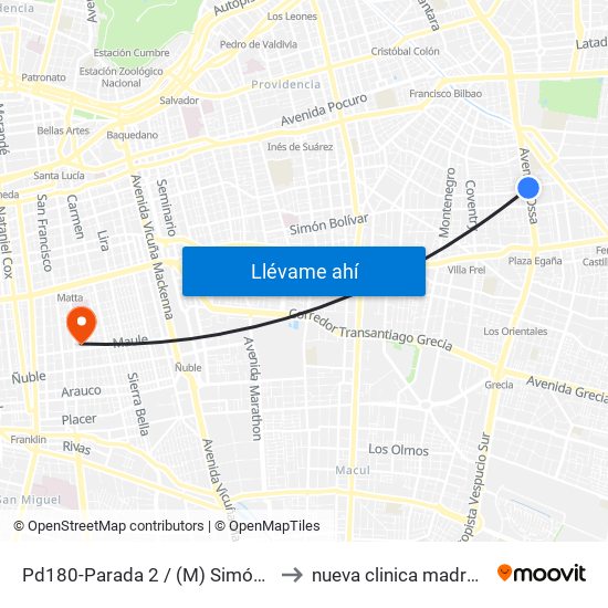 Pd180-Parada 2 / (M) Simón Bolívar to nueva clinica madre e hijo map