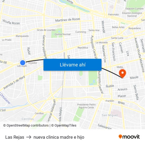 Las Rejas to nueva clinica madre e hijo map