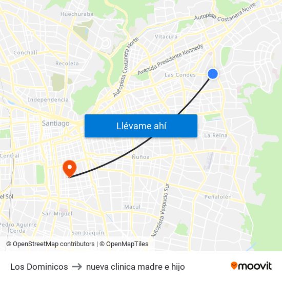 Los Dominicos to nueva clinica madre e hijo map