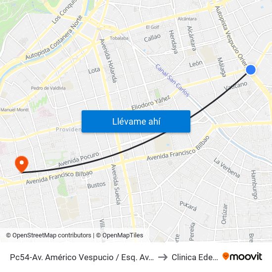 Pc54-Av. Américo Vespucio / Esq. Av. Cristóbal Colón to Clinica Edelweiss map