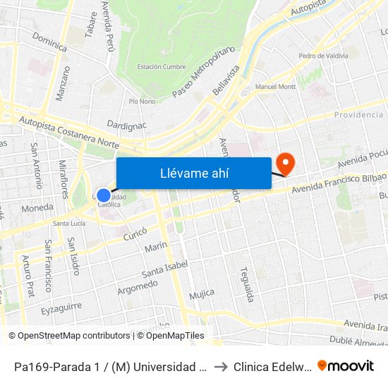 Pa169-Parada 1 / (M) Universidad Católica to Clinica Edelweiss map