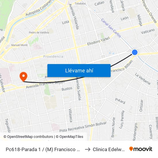 Pc618-Parada 1 / (M) Francisco Bilbao to Clinica Edelweiss map