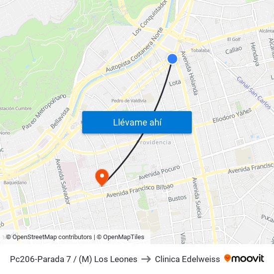 Pc206-Parada 7 / (M) Los Leones to Clinica Edelweiss map